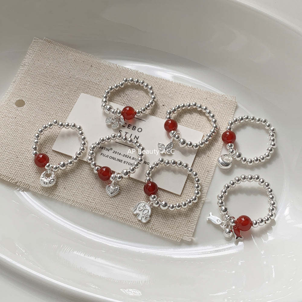 C廠-新中式古風大象小象小魚福袋蝴蝶結錢幣紅瑪瑙S925純銀彈力戒指「1520-1527」25.11-3