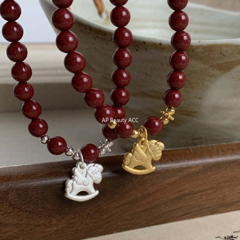 C廠-新中式搖搖馬手鍊高含量天然朱砂女2026屬馬生肖馬年S925純銀手鍊「1635」25.12-3