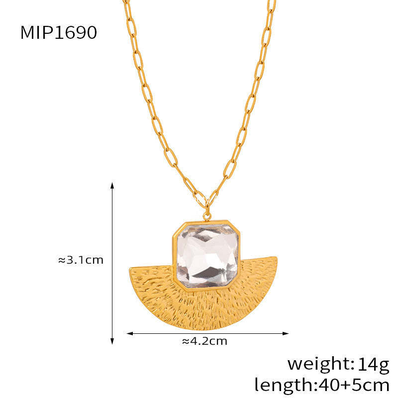 B廠-韓系小眾誇張鈦鋼玻璃石耳飾扇形火山紋理造型金色保色女個性項鍊「F1153-P1690」25.12-1