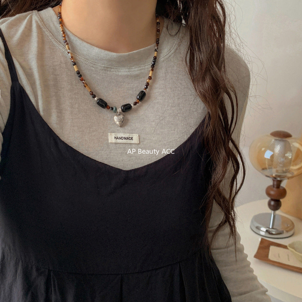 C廠-藏式民族風串珠項鍊S925純銀愛心花朵瑪瑙天然石文藝冷淡頸鏈手作「1607」25.11-2