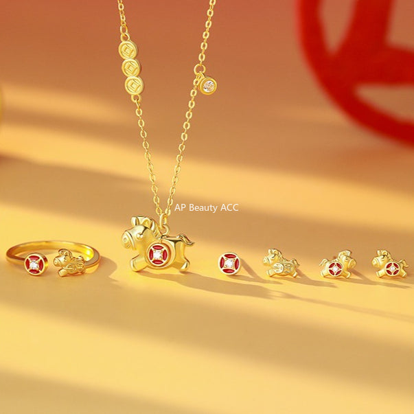 D廠-原創S999足銀小馬錢幣項鍊復古輕奢躍馬轉金耳環戒指本命年首飾批發「YC3989E_1 YC10302E_1 YC2294N_1」25.11-2