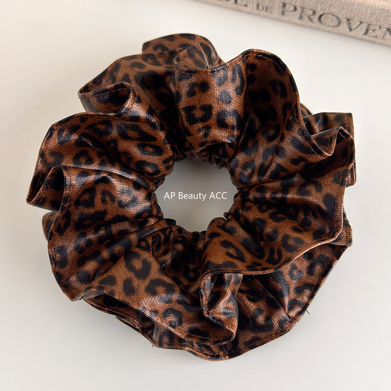 E廠-韓系咖色豹紋皮質大腸髮圈女高級感丸子頭超大號復古百搭髮飾頭繩「27657」25.11-2