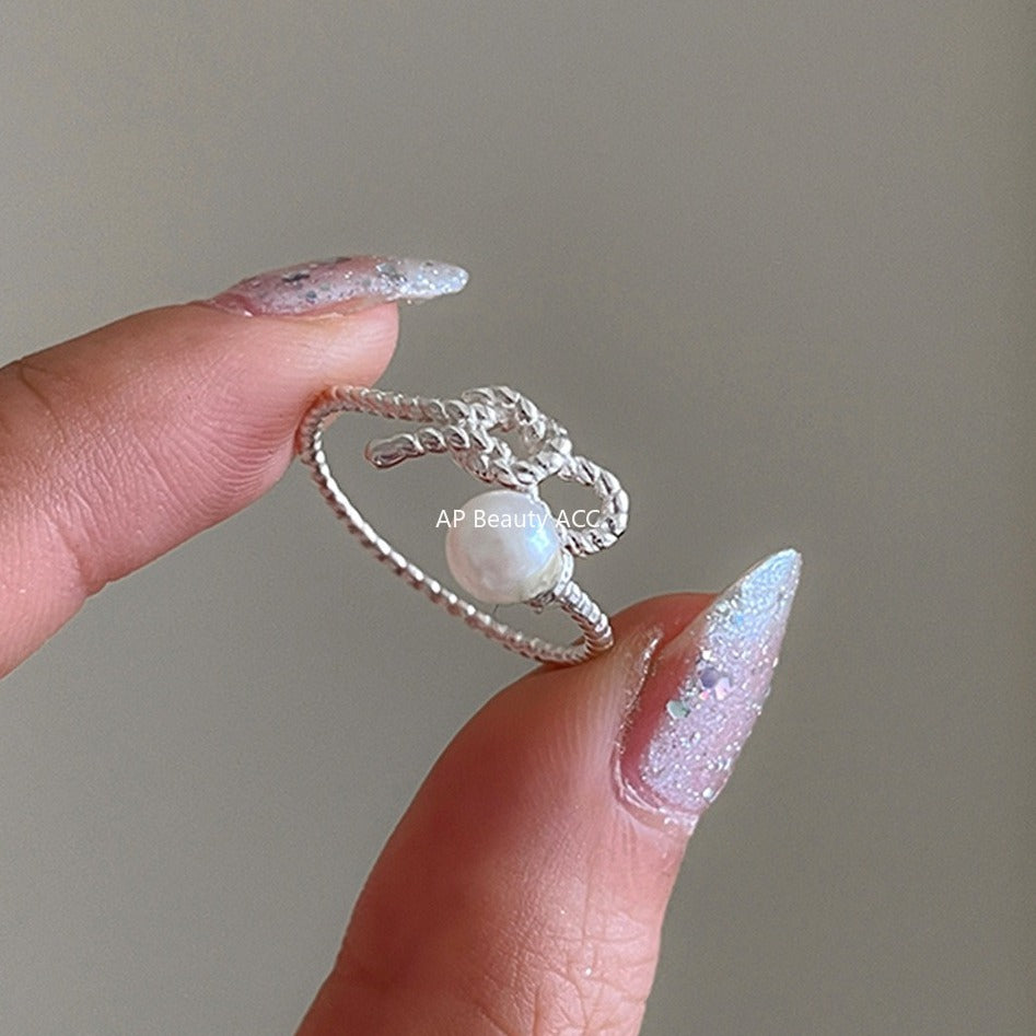 C廠-甜美珍珠戒指女極簡冷淡風氣質優雅925純銀交叉開口指環百搭指戒「JZ-0702」25.11-1