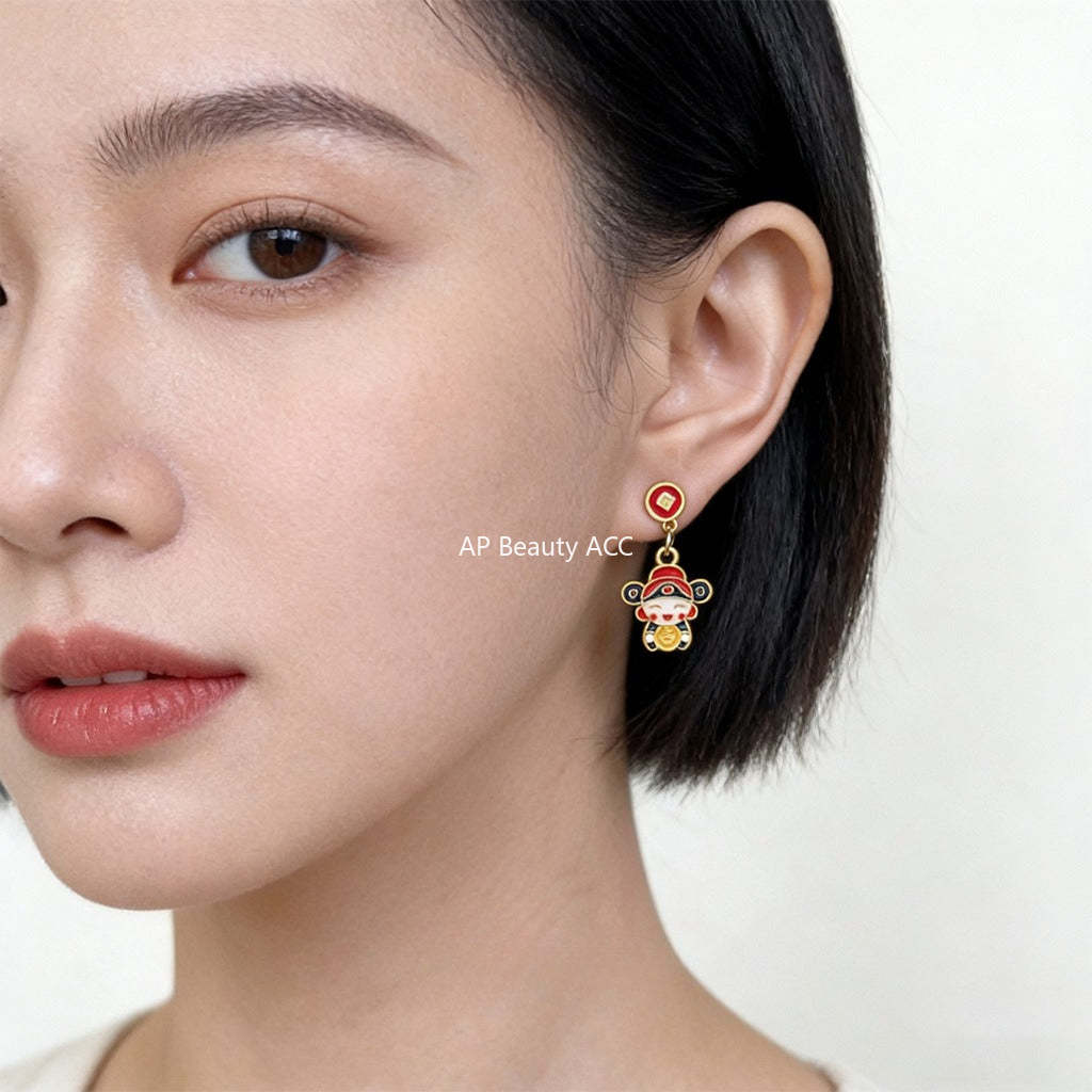 A廠-新年款手工彩繪琺瑯滴釉不對稱財神爺新款耳飾新中式民族風耳環「7231」25.12-2