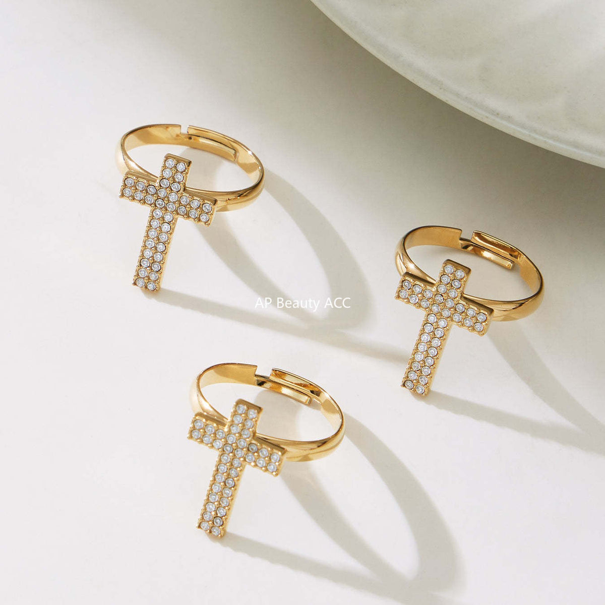 B廠-不鏽鋼超閃5A鋯石十字架戒指耳環項鍊手鍊首飾套裝鍍18k金不掉色「TXP503」25.11-4