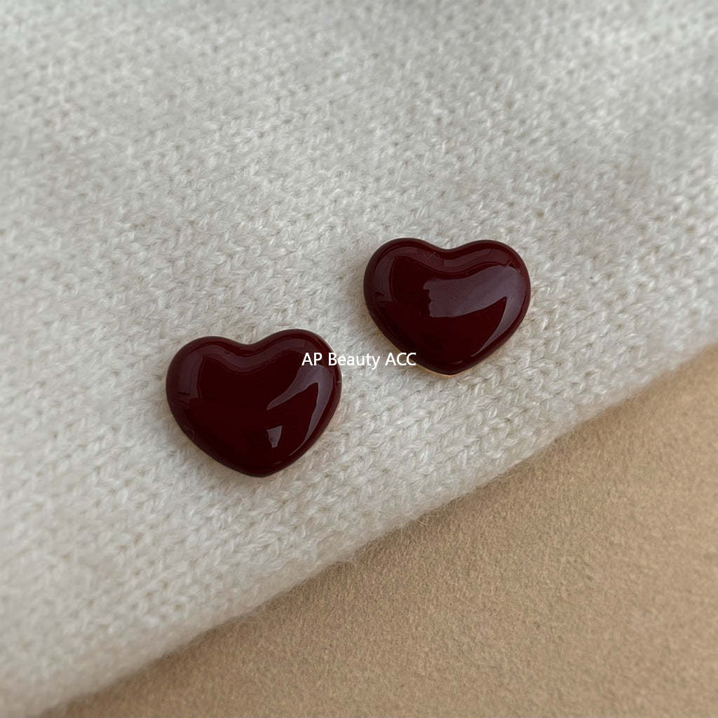A廠-琺瑯滴釉酒紅色愛心耳環文藝復古港風心形通勤耳飾「7254」25.12-3