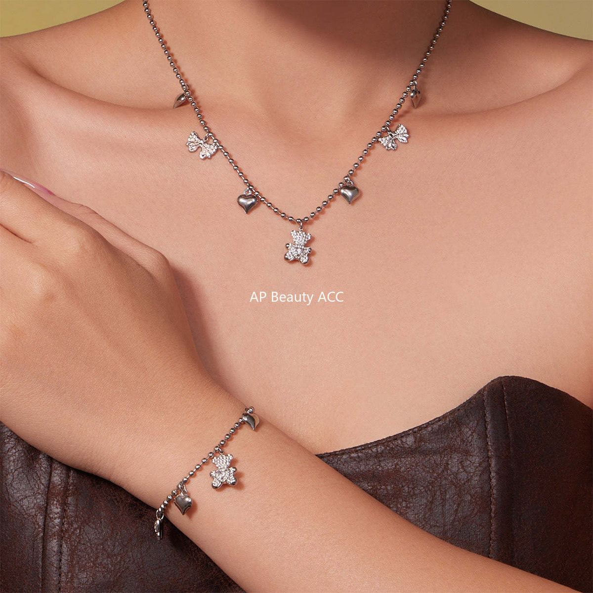 B廠-不鏽鋼5A鋯石滿鑽小熊蝴蝶結愛心多配件吊墜項鍊手鍊耳環首飾套裝「TXP500」25.11-4