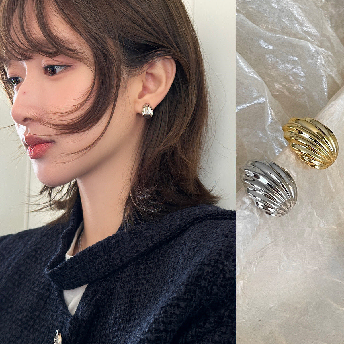 C廠-歐美潮流金屬感貝殼耳釘女輕奢設計感小眾銀針耳環百搭夏天耳飾「EH-3489」25.06-2