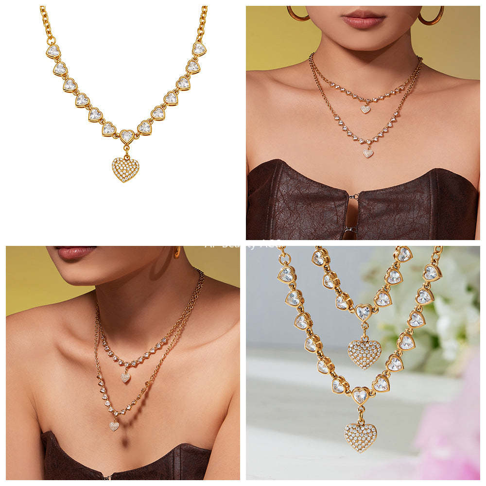 B廠-超閃5A鋯石滿鑽15個愛心鎖骨項鍊不鏽鋼鍍18k真金珠寶首飾「P970」25.11-4