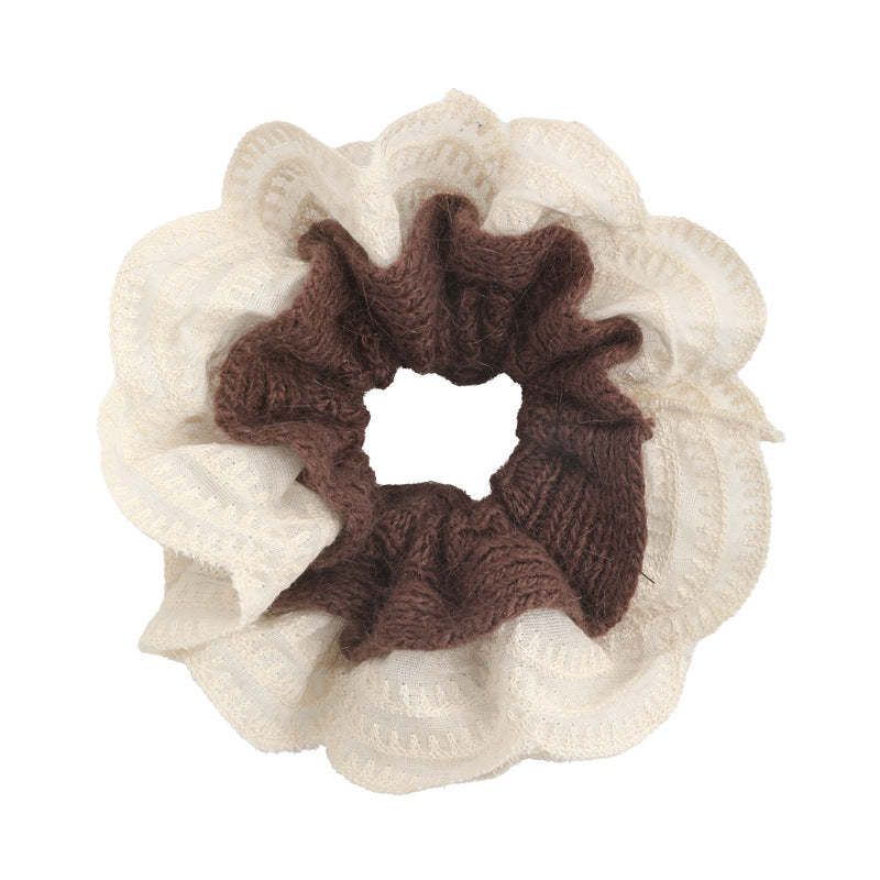 E廠-韓系慵懶風毛線針織蕾絲花邊雙層大腸髮圈女扎頭髮丸子頭髮繩頭繩「27716」25.11-4