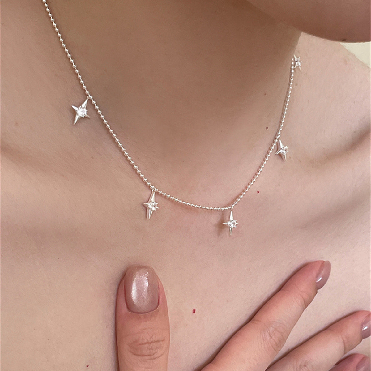 C廠-純銀四芒星鋯石項鍊女個性清冷氣質簡約鎖骨鏈潮流百搭高級感項飾「XL-1114」25.07-4