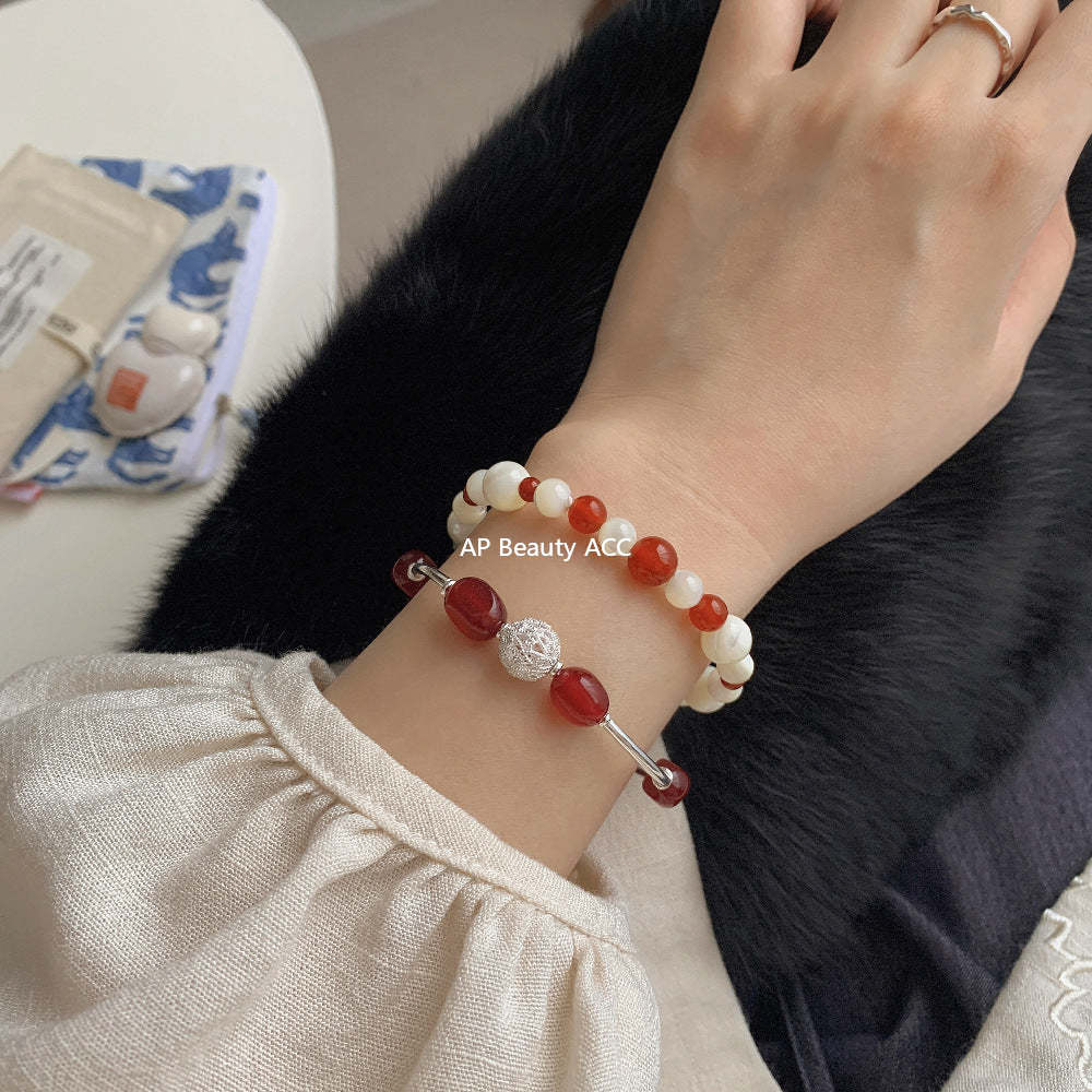 C廠-小紅薯同款招桃花紅瑪瑙紅玉髓彈力手鍊縷空繡球S925純銀手鍊「1517-1518」25.11-3