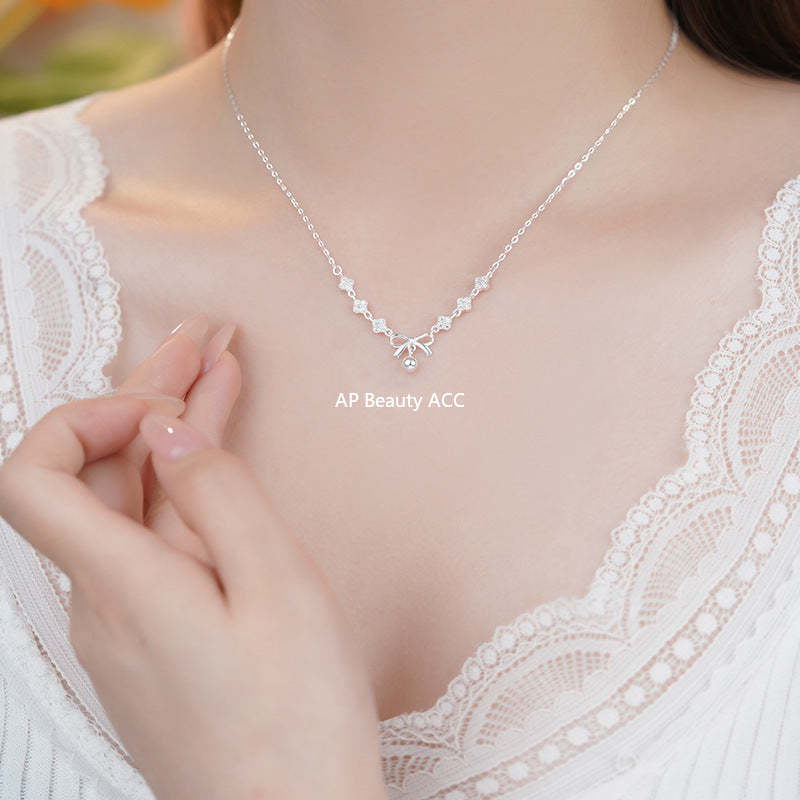 D廠-S999足銀淡雅四葉花蝴蝶結項鍊女甜美優雅氣質高級小眾鎖骨鏈「YC2220N_1」25.11-1