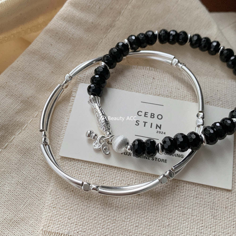 C廠-新中式錦鯉小魚葫蘆錢幣元寶黑瑪瑙串珠彈力雙層彎管S925純銀手鍊「1515」25.11-3