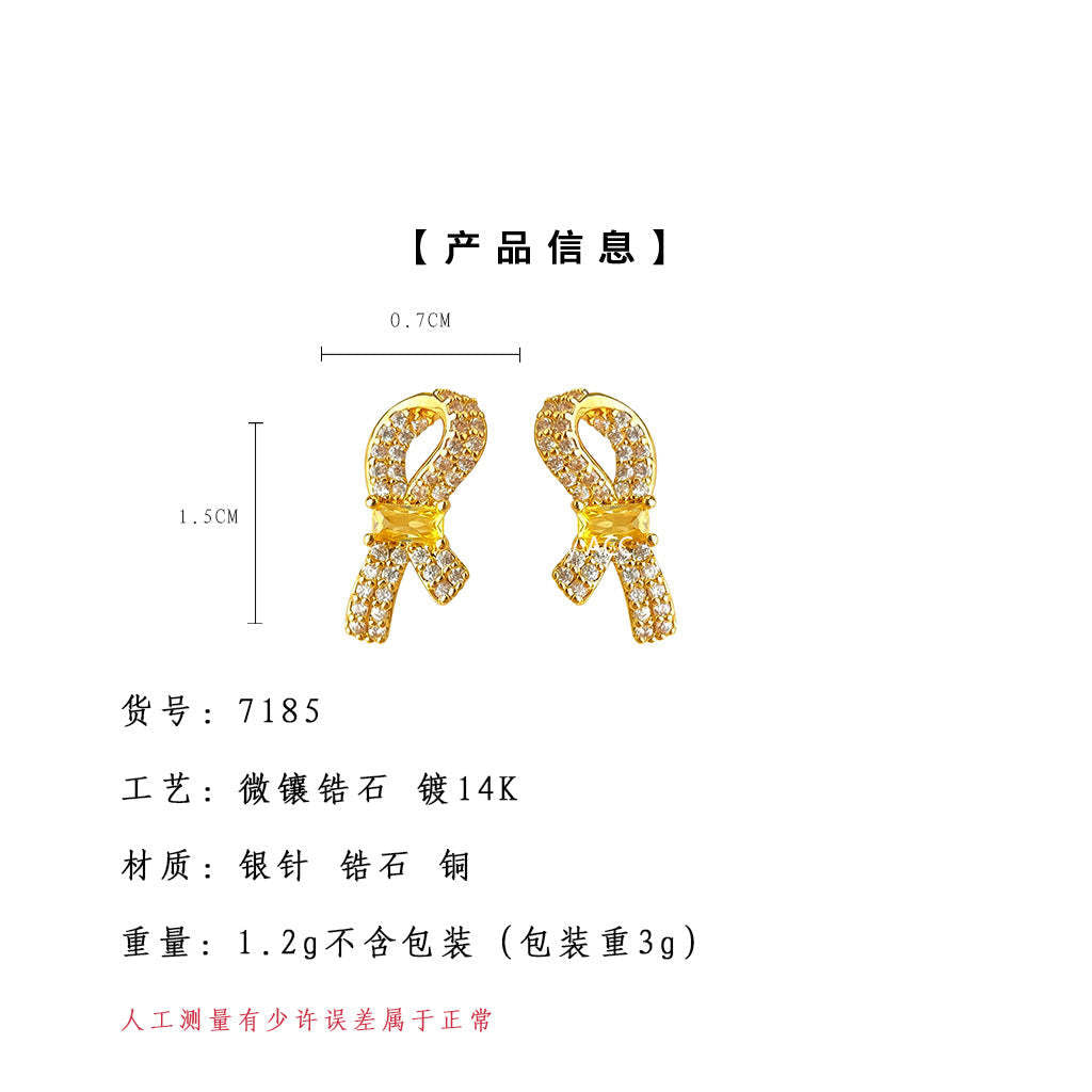 A廠-微鑲鋯石925銀針鍍14K簡約個性時尚通勤高級感蝴蝶結耳釘「7185」25.12-1