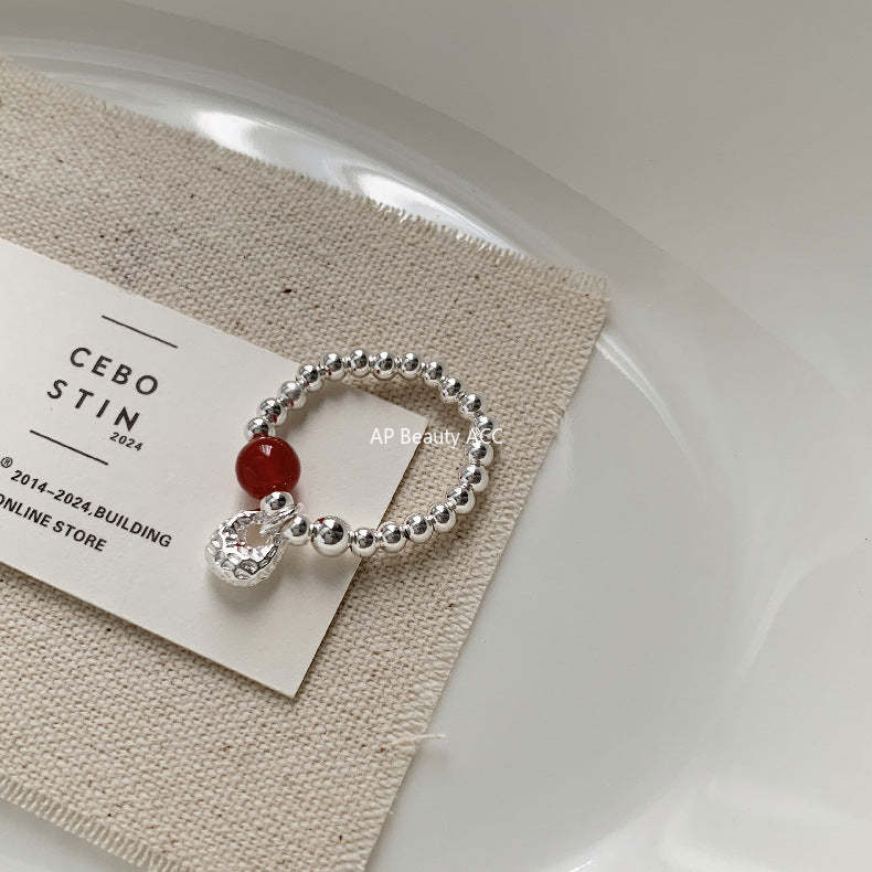 C廠-新中式古風大象小象小魚福袋蝴蝶結錢幣紅瑪瑙S925純銀彈力戒指「1520-1527」25.11-3