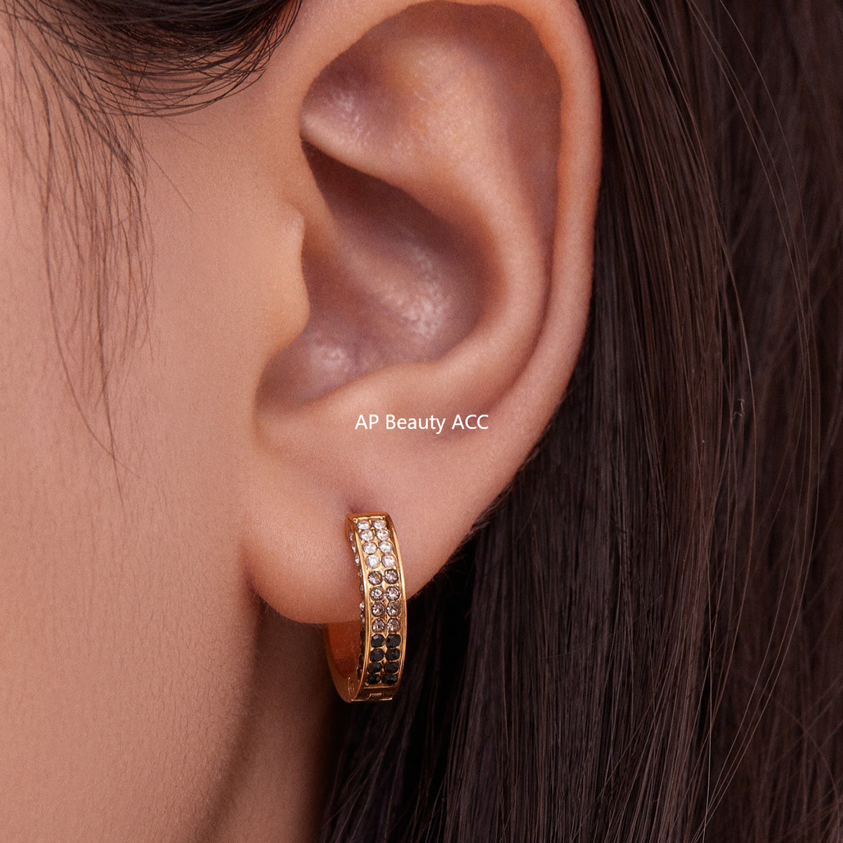 B廠-ins風高質量彩色5A鋯石圓圈卡扣耳環不鏽鋼鍍18k真金耳飾女「F930」25.11-2