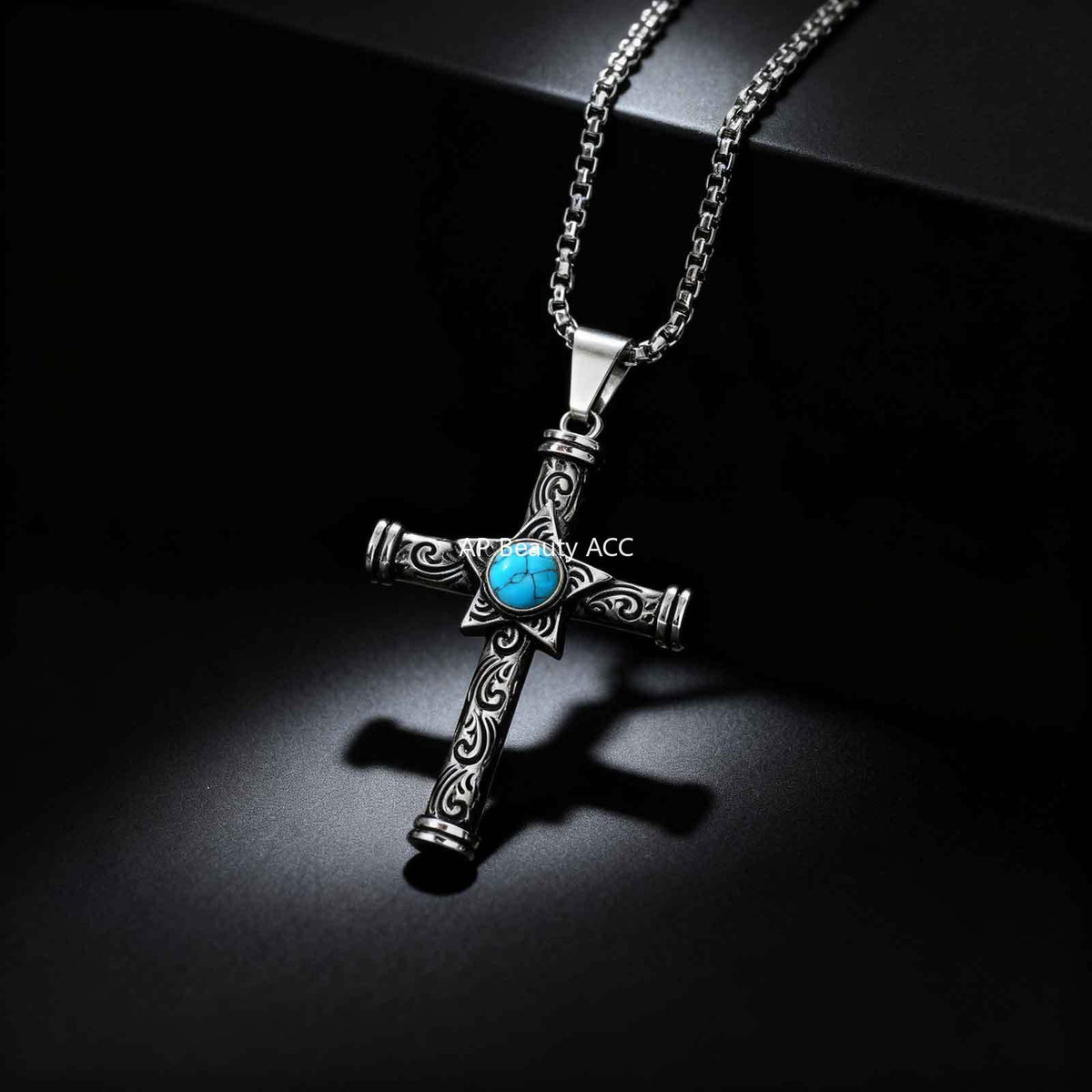 G廠-不鏽鋼飾品批發 五角星綠松石復古嘻哈十字架吊墜「PN-2235」25.11-3