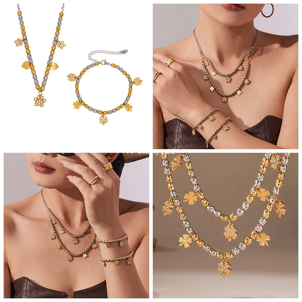 B廠-簡約不鏽鋼拼色項鍊手鍊套裝四葉草鑲嵌鋯石吊墜鍍18k真金「TXP467-TXE467」25.11-3