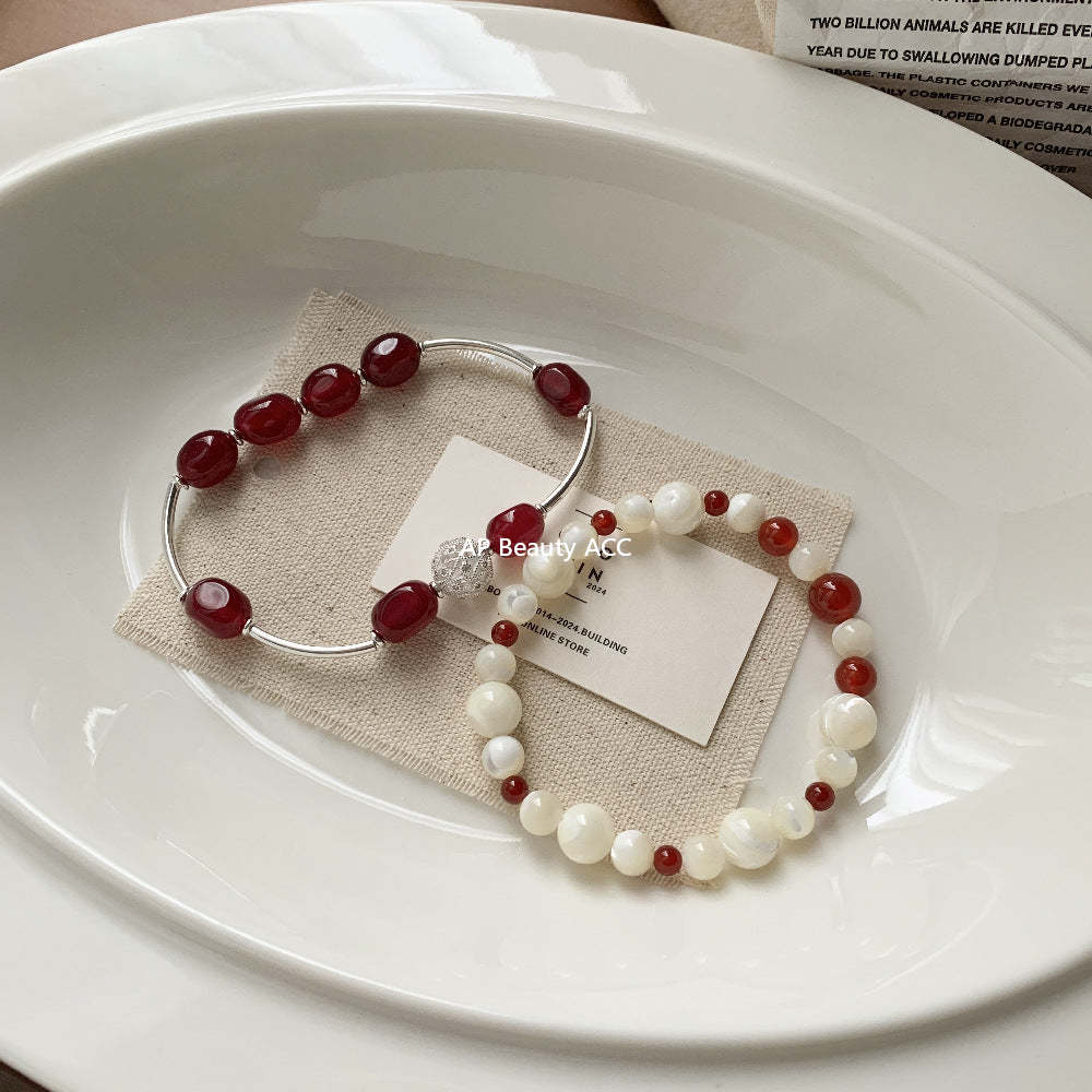 C廠-小紅薯同款招桃花紅瑪瑙紅玉髓彈力手鍊縷空繡球S925純銀手鍊「1517-1518」25.11-3