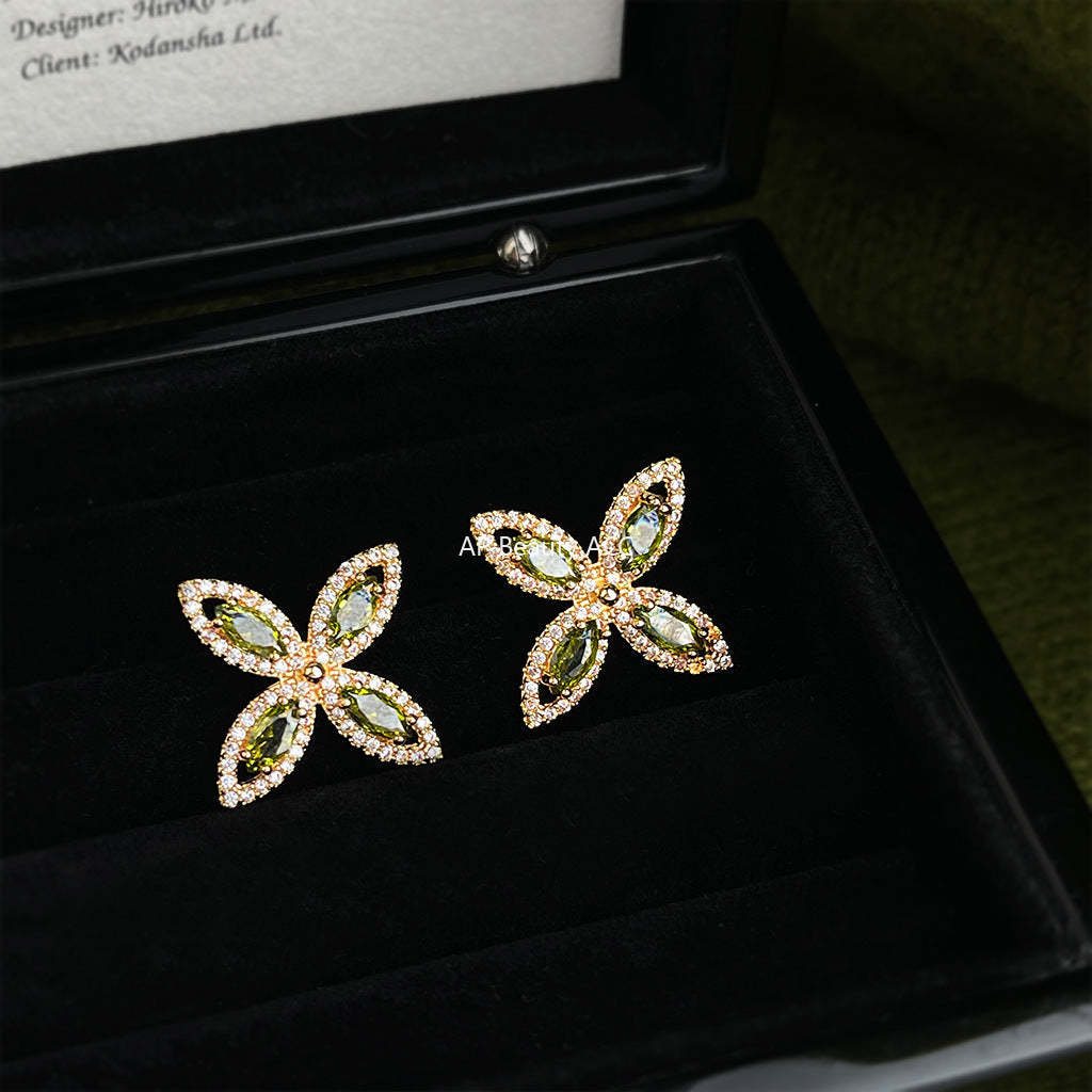 A廠-時尚高級感微鑲鋯石 925銀針幾何花朵新款耳環輕奢風橄欖綠耳環女「7194」25.12-1