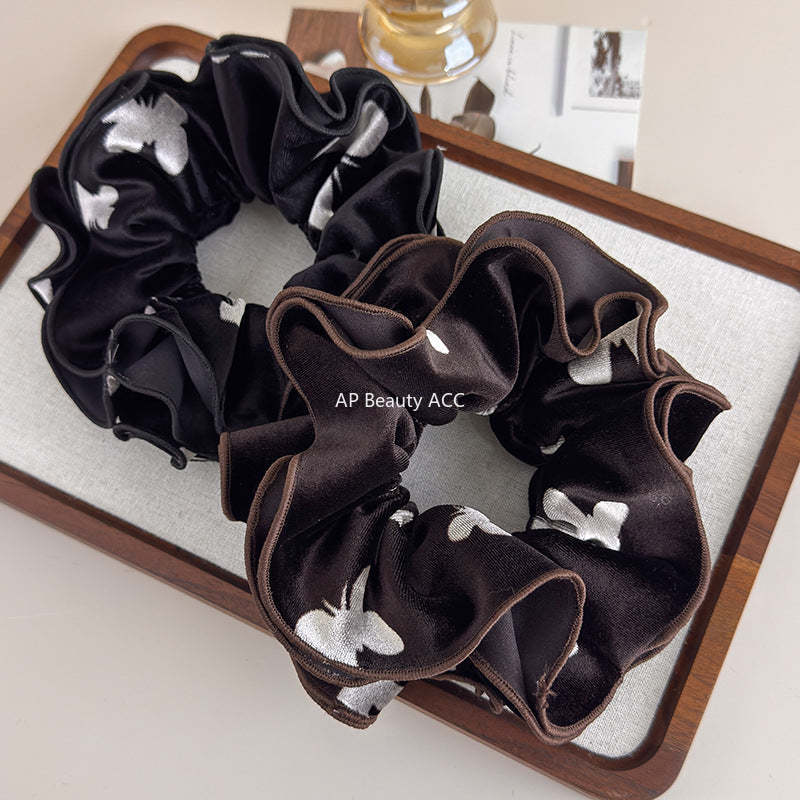 E廠-法式秋冬絲絨印花蝴蝶雙層大腸髮圈女氣質超大丸子頭馬尾頭繩頭飾「27695」25.11-3