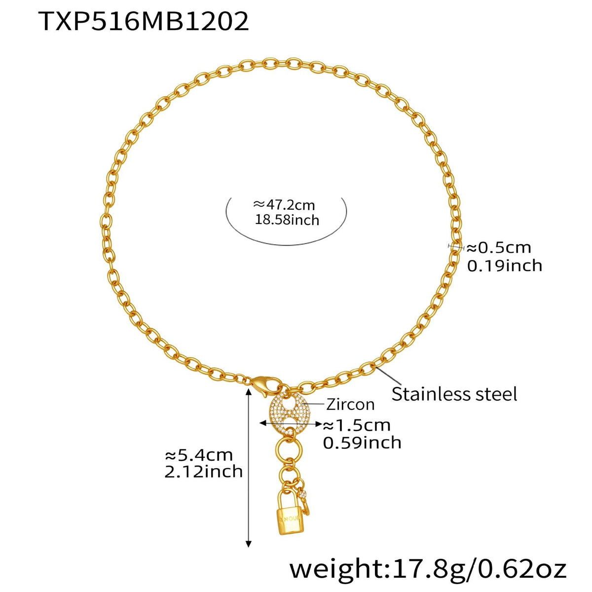 B廠-不鏽鋼滿鑽鋯石豬鼻子鎖頭流蘇吊墜珠寶扣項鍊手鍊套裝鍍18k真金「TXP516」25.12-2