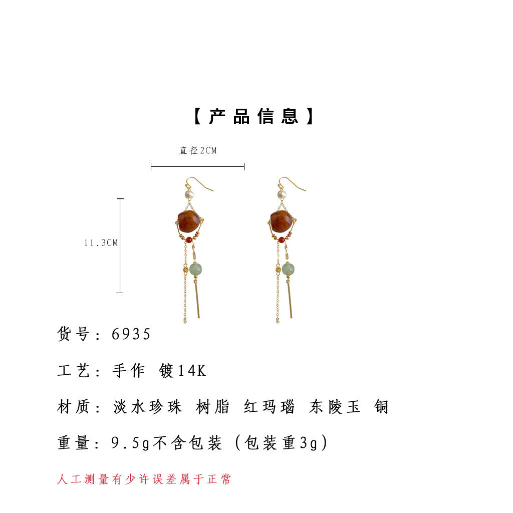 A廠-設計師手工作品！長版文藝復古淡水珍珠美拉德風流蘇耳環工廠耳飾「6935」25.10-3
