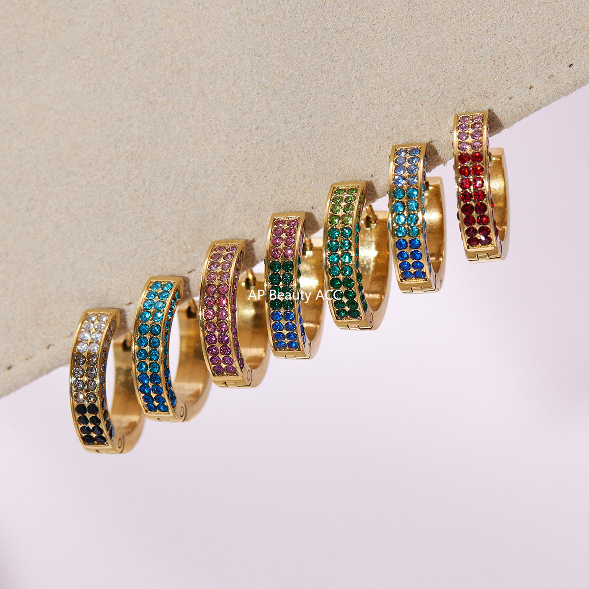 B廠-ins風高質量彩色5A鋯石圓圈卡扣耳環不鏽鋼鍍18k真金耳飾女「F930」25.11-2