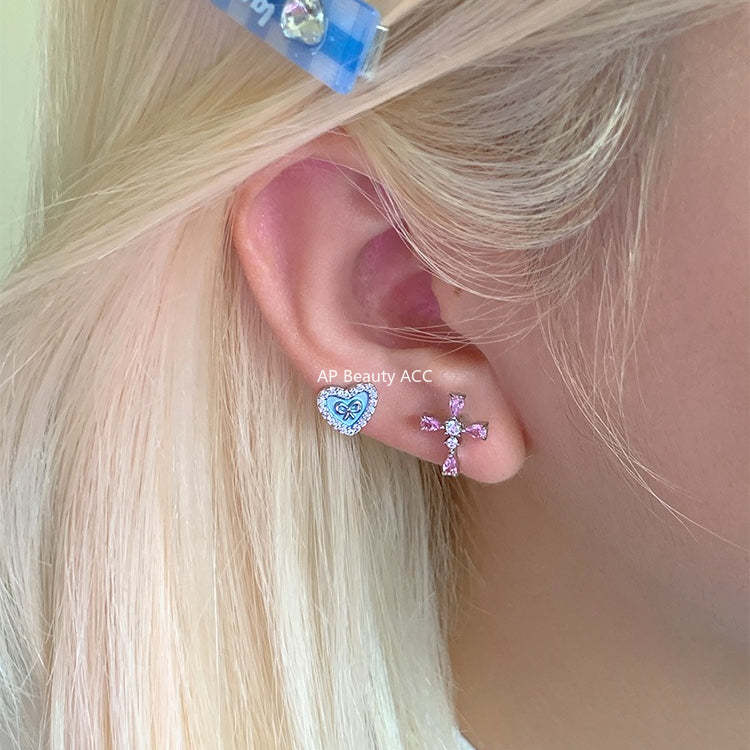 C廠-甜美精緻粉色鋯石十字架耳釘女個性獨特小香風鈦鋼耳骨釘小眾耳飾「EH-4328」25.11-4