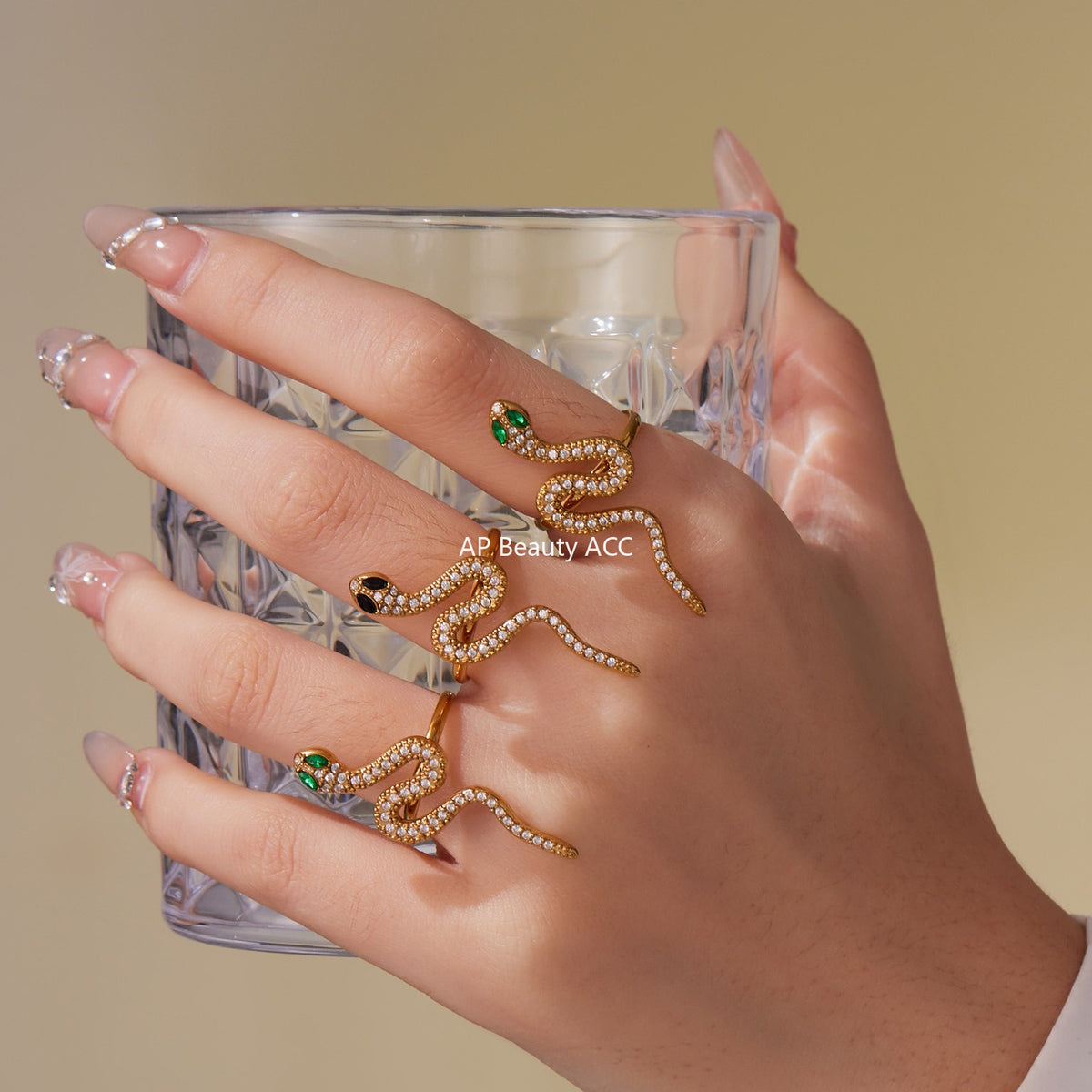 B廠-精緻5A鋯石蛇形滿鑽不鏽鋼戒指耳環首飾套裝鍍18k金跨境飾「TXF412」25.10-1