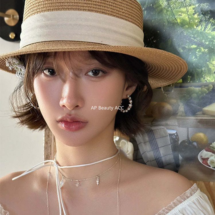 C廠-小香風珍珠耳圈女輕奢ins甜美百搭星星鋯石銀針耳環高級感新耳飾「EH-4113」25.10-5