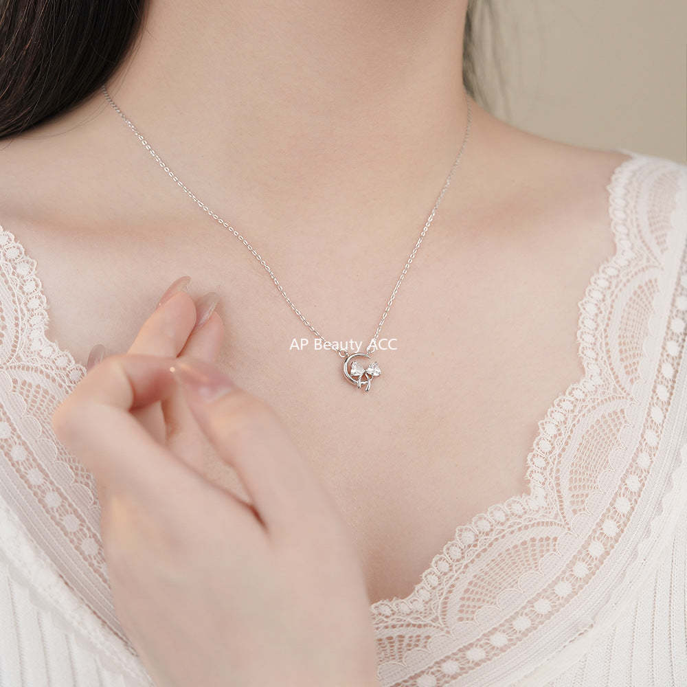 D廠-純銀S925月亮蝴蝶結項鍊甜美公主少女心精美吊墜鎖骨鏈批發「YC2587N_1」25.12-1