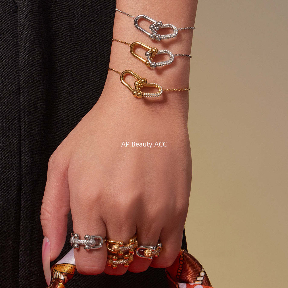 B廠-不鏽鋼馬蹄扣帶鑽飾品耳環戒指手鍊項鍊首飾套裝鍍18k真金不掉色「TXP501」25.11-4