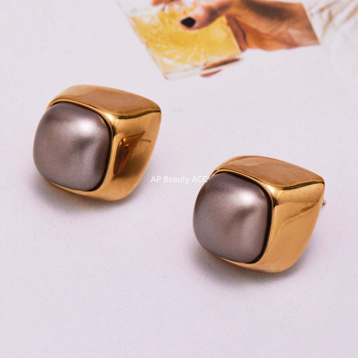 B廠-不鏽鋼幾何異形灰色仿珍珠耳釘小眾設計新款耳飾鍍18k真金「F629」25.10-5