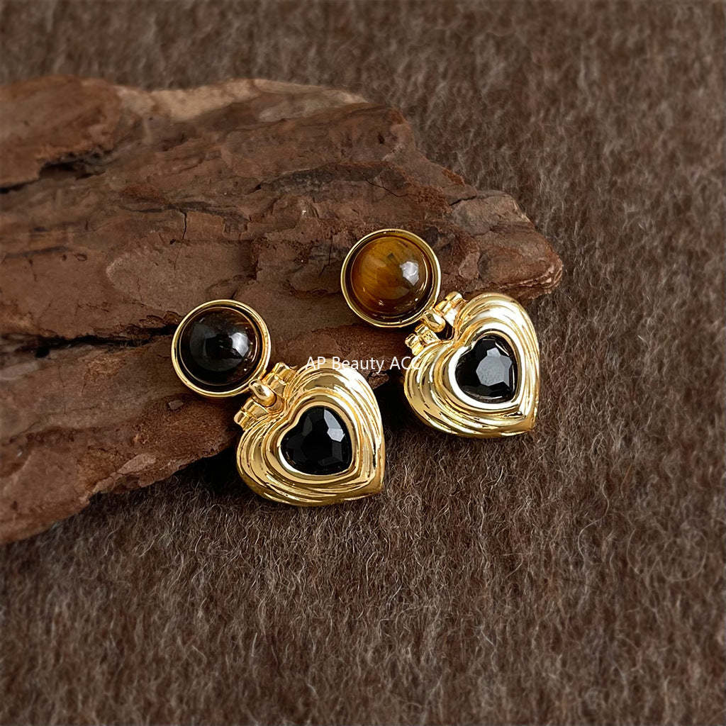 A廠-秋冬爆款美拉德風文藝復古天然石虎眼石中古耳飾工廠愛心幾何耳環「7187」25.12-1