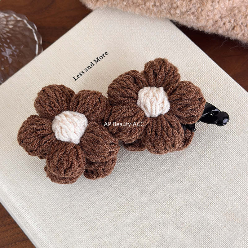 E廠-復古毛線花朵香蕉夾竪夾女秋冬飽滿後腦勺高馬尾抓夾氣質百搭髮夾「27628」25.11-1