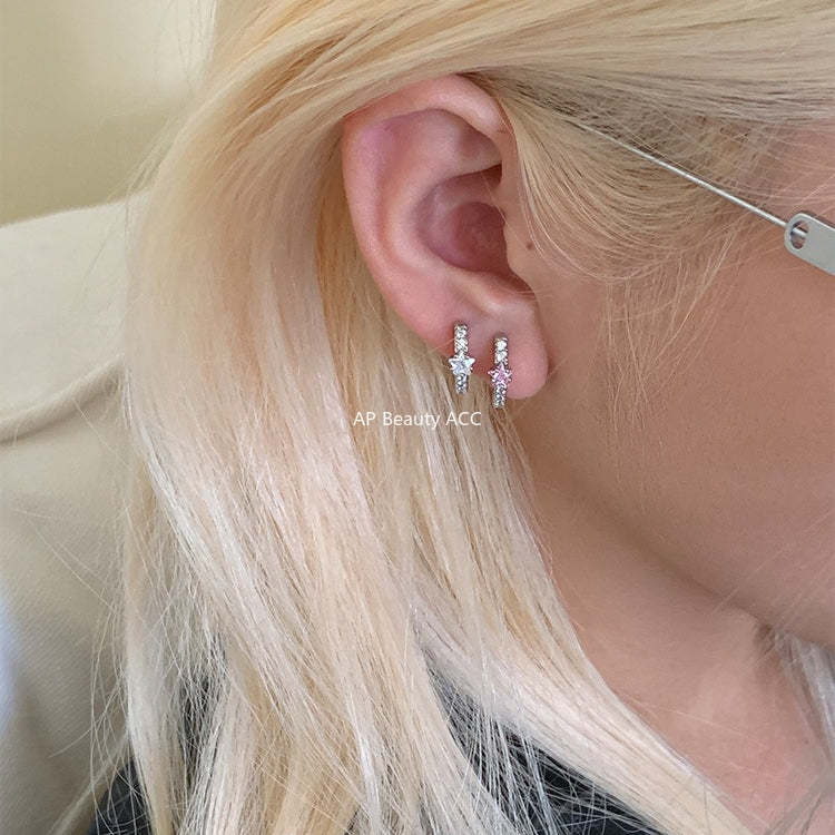 C廠-閃耀星星鋯石耳環女精緻百搭圈圈甜美鈦鋼耳圈設計感小眾甜酷簡約「EH-4333」25.12-1