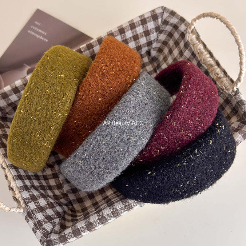 E廠-韓系小香風毛呢針織金絲寬邊髮箍女高級感洗臉頭箍氣質百搭壓髮卡「27725」25.11-4