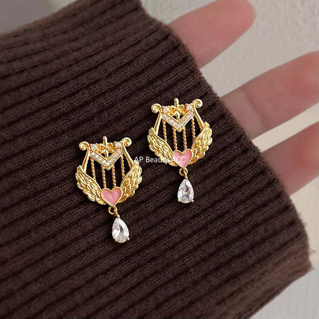 A廠-原創豎琴~藝術生飾品925一周年鑲嵌鋯石個性設計師款工廠耳飾「7198」25.12-1