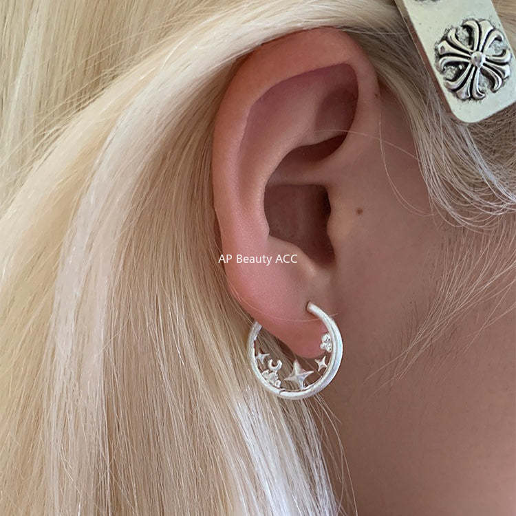 C廠-小眾冷淡風拉絲設計感星星環繞耳環女簡約輕奢高級感銀針耳環耳飾「EH-4271」25.11-4