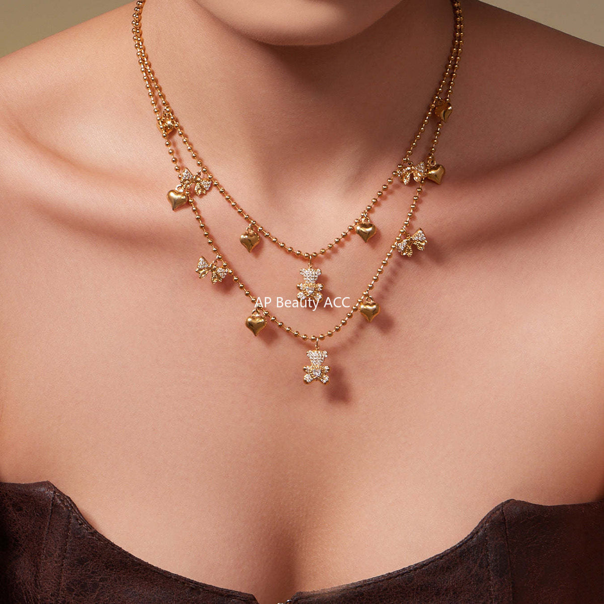 B廠-不鏽鋼5A鋯石滿鑽小熊蝴蝶結愛心多配件吊墜項鍊手鍊耳環首飾套裝「TXP500」25.11-4