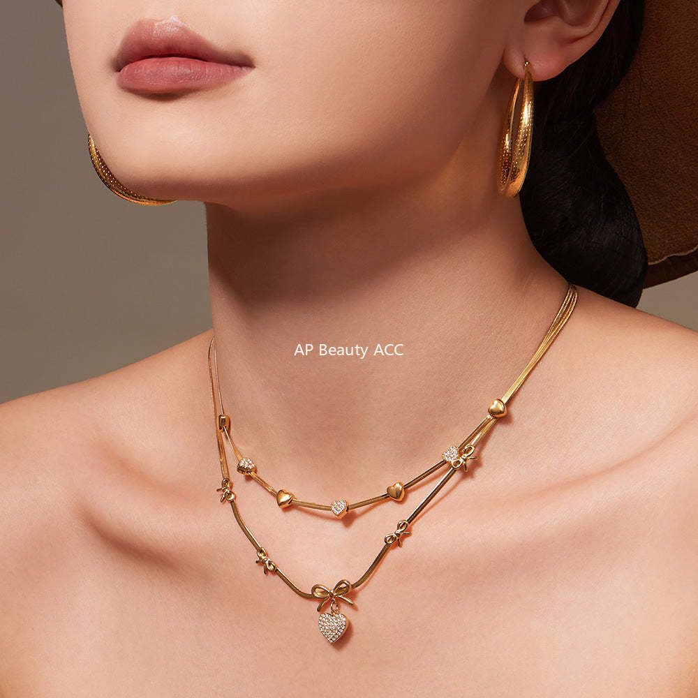 B廠-不鏽鋼蝴蝶結愛心鋯石滿鑽吊墜刀片鏈手鍊項鍊首飾套裝鍍18k真金「TXP499」25.11-4