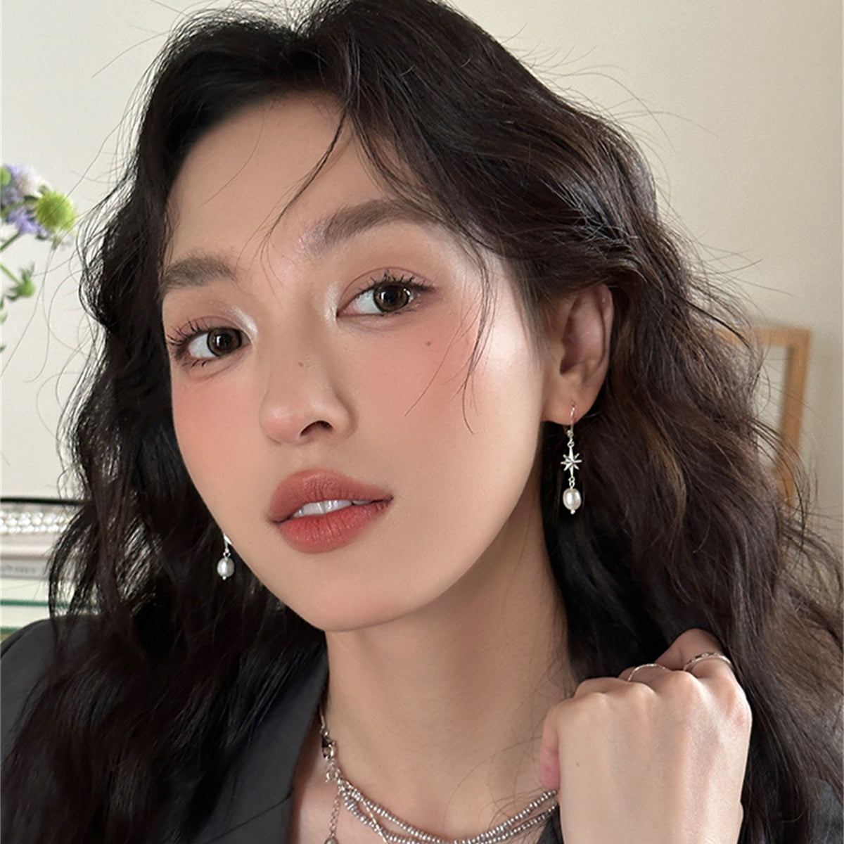 C廠-法式復古ins風八芒星銀針耳環女簡約輕奢設計感高級珍珠流蘇耳圈「EH-4000」25.10-2