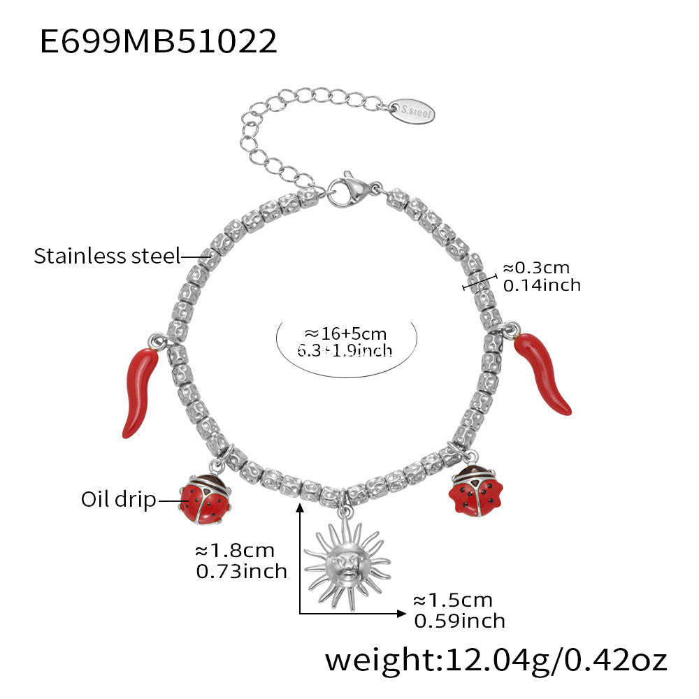 B廠-跨境新款不鏽鋼小辣椒太陽多配件壓紋鋼珠手鍊組合鍍18k金「E699-E700」25.10-5