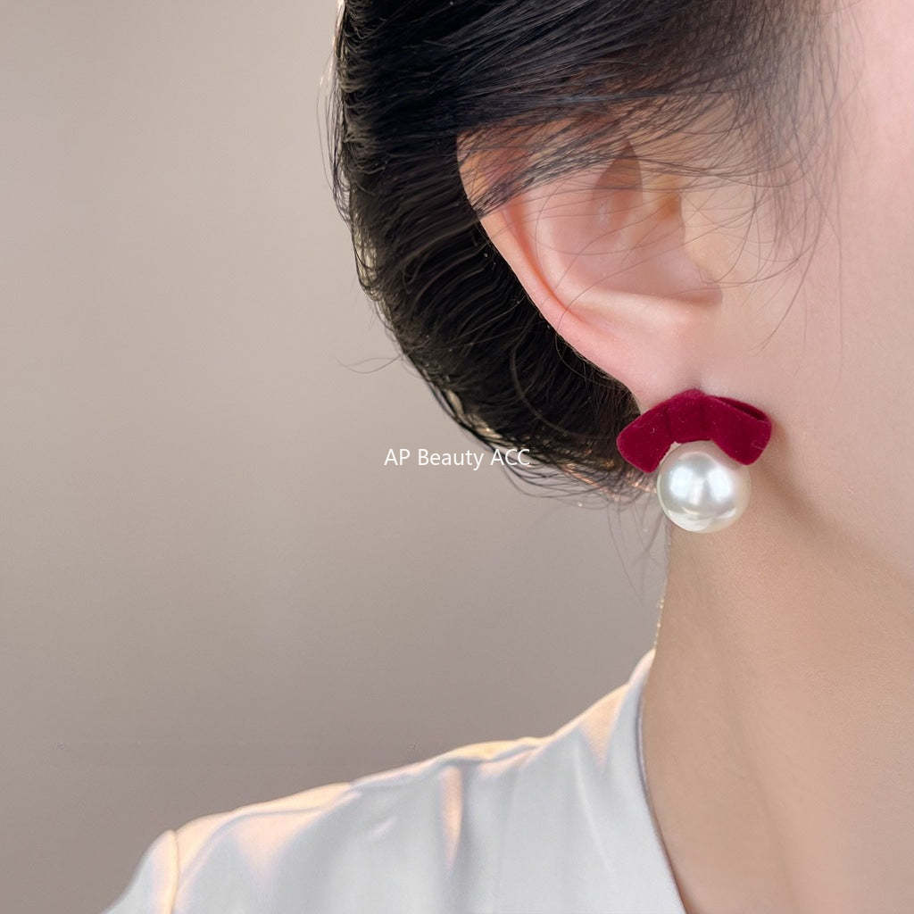 A廠-冬天款文藝復古酒紅植絨溫暖新款銀針蝴蝶結珍珠耳環氣質耳飾「7134-7135」25.11-3