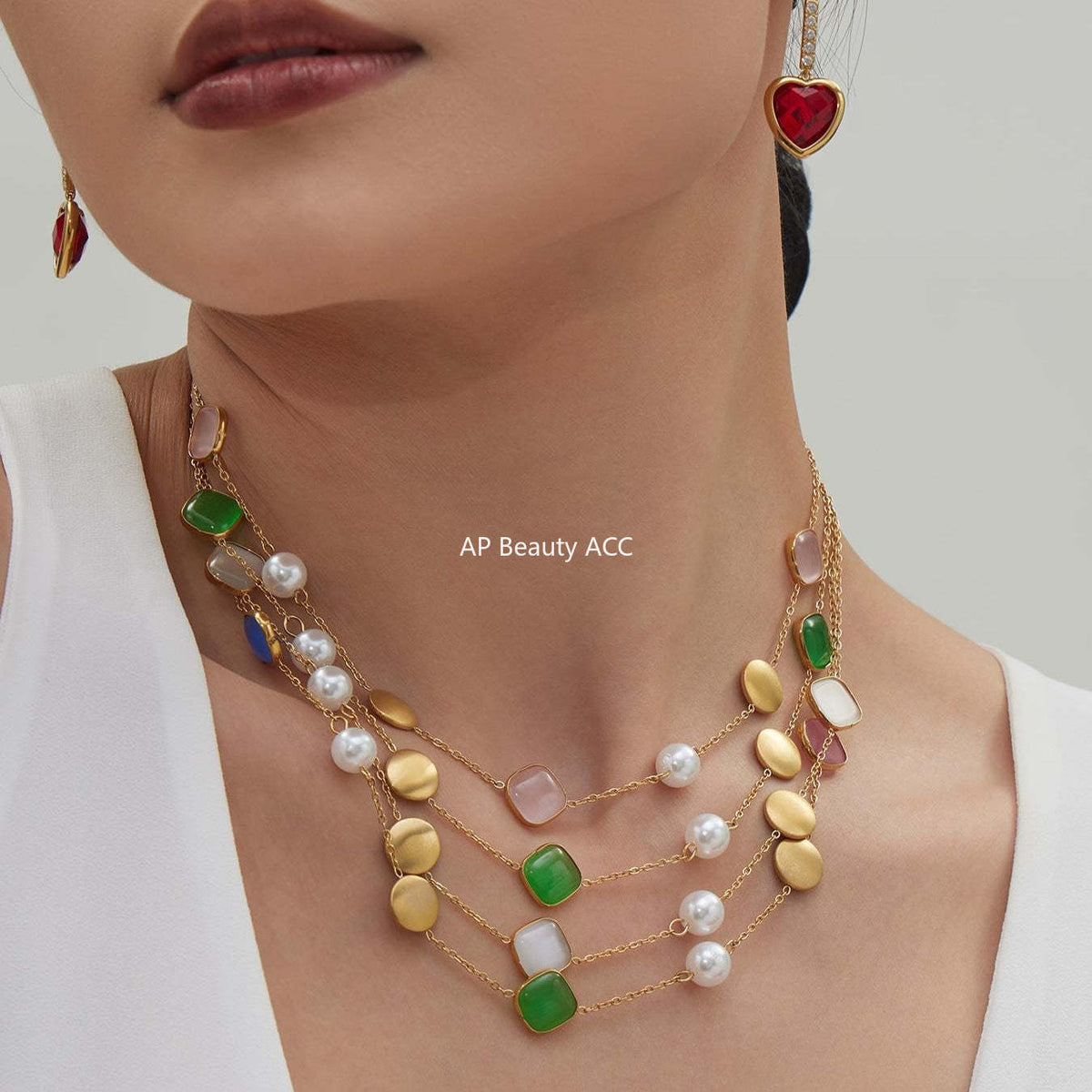 B廠-不鏽鋼貓眼石多色手工串膠珠鎖骨項鍊鍍18k真金質感女款珠寶首飾「P822」25.12-2