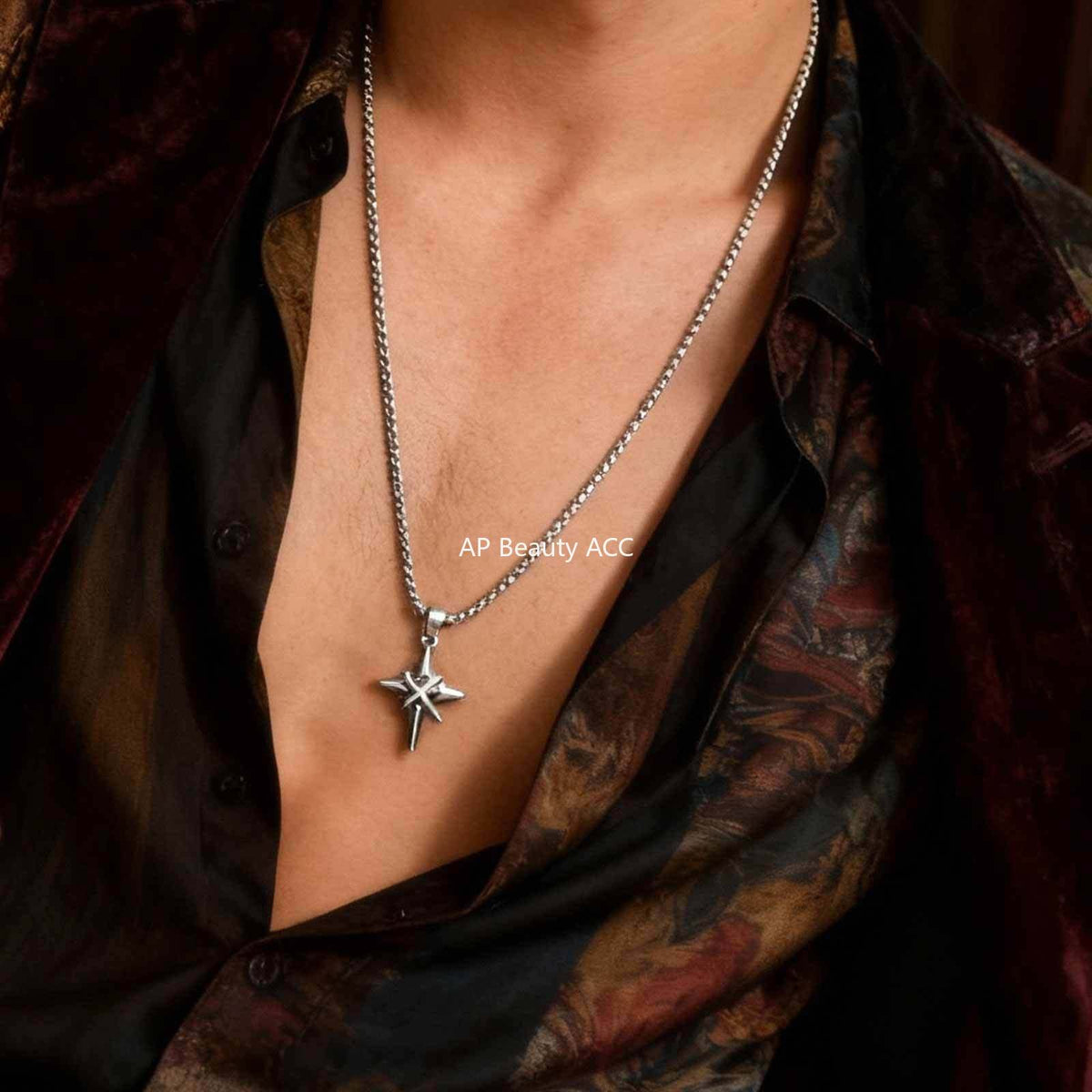 G廠-歐美日韓夜店酒吧嘻哈個性不鏽鋼四芒星鑲黑鋯石吊墜鋼「PN-2316」25.12-3