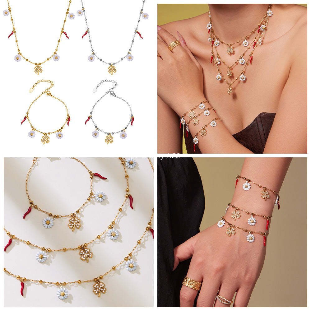 B廠-5A鋯石幸運草法國小雛菊多吊墜項鍊手鍊套裝不鏽鋼珠寶首飾「TXP483」25.11-4