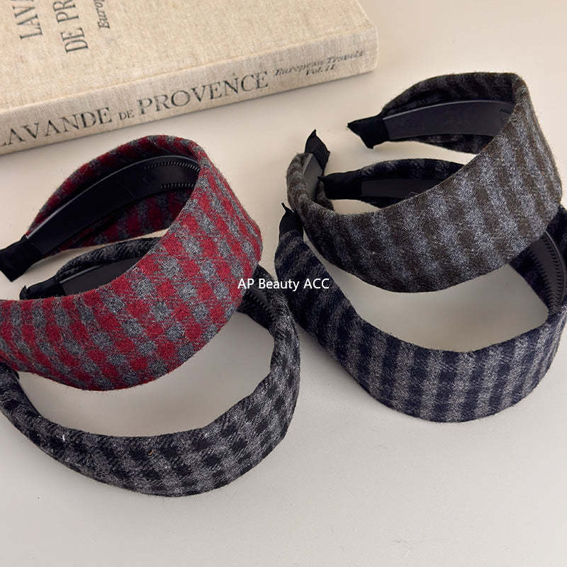 E廠-復古咖色格紋髮箍女日常外戴秋冬氛圍感寬邊頭箍高顱頂髮箍新款女「27632」25.11-1